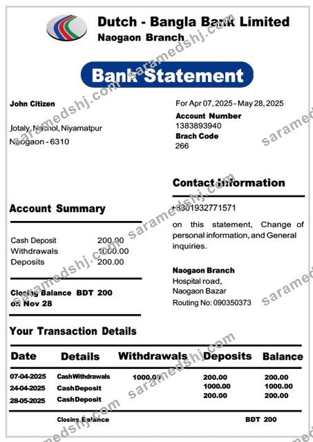 Bangladesh Dutch Bangla Bank Limited bank statement Word and PDF template